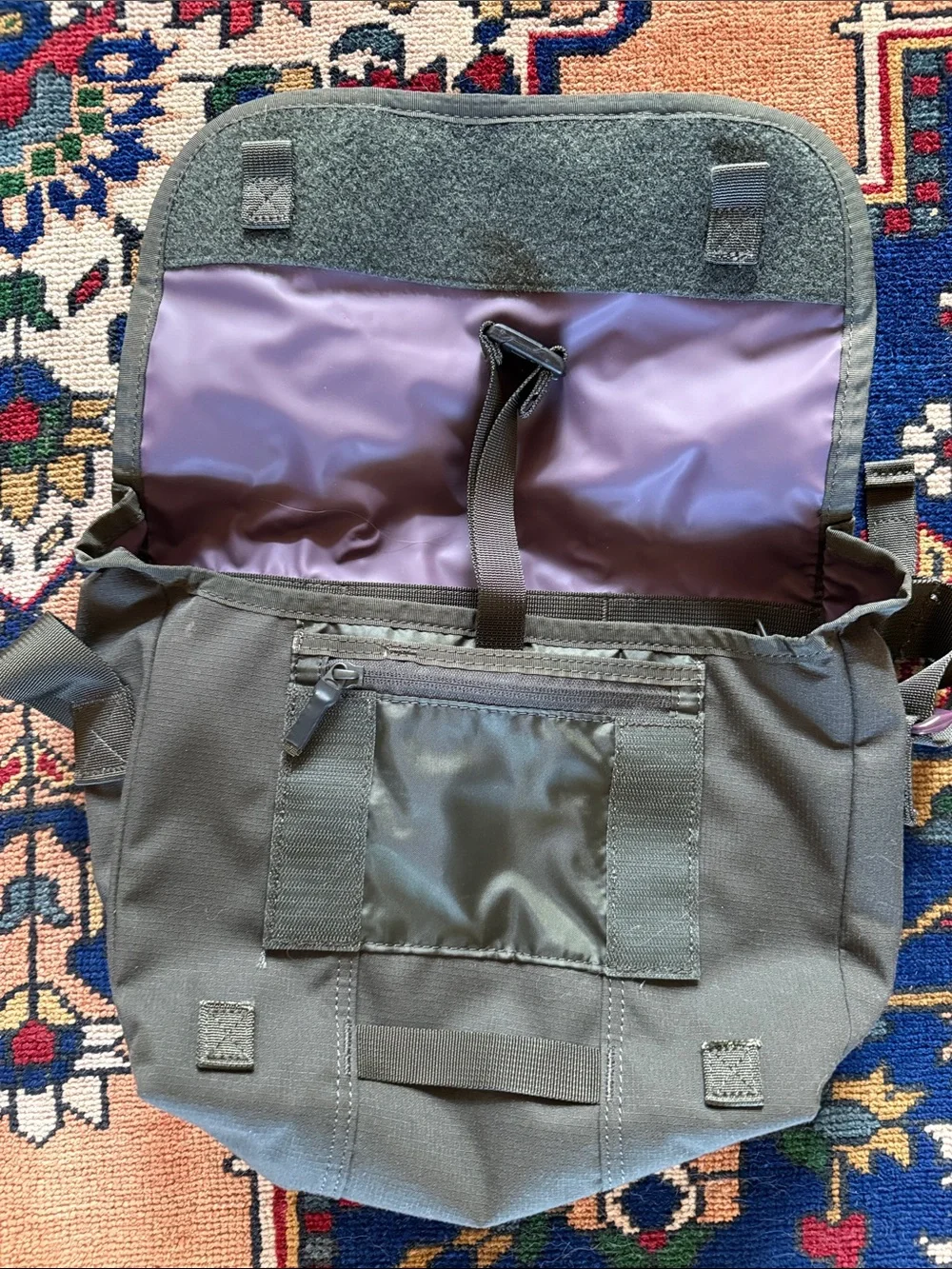 Timbuk2 Olive Green Messenger Bag with Purple Buckle Accent